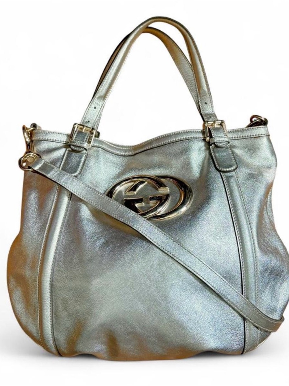 Gucci Britt Hobo Tote Bag in Metallic Silver Leather with Double-G Gold Hardware